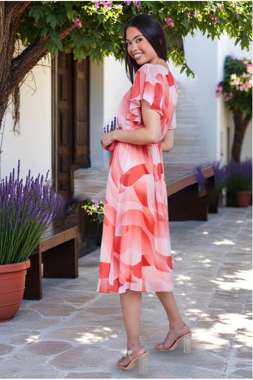 Printed Flutter Sleeve Chiffon Midi Dress - Coral DR4515