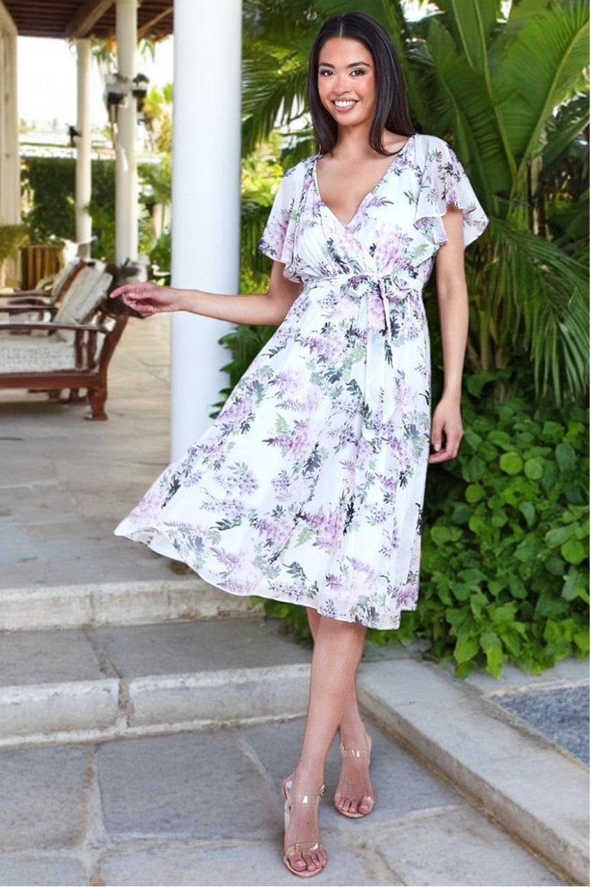 Floral Printed Flutter Sleeve Chiffon Midi Dress - Cream DR4515