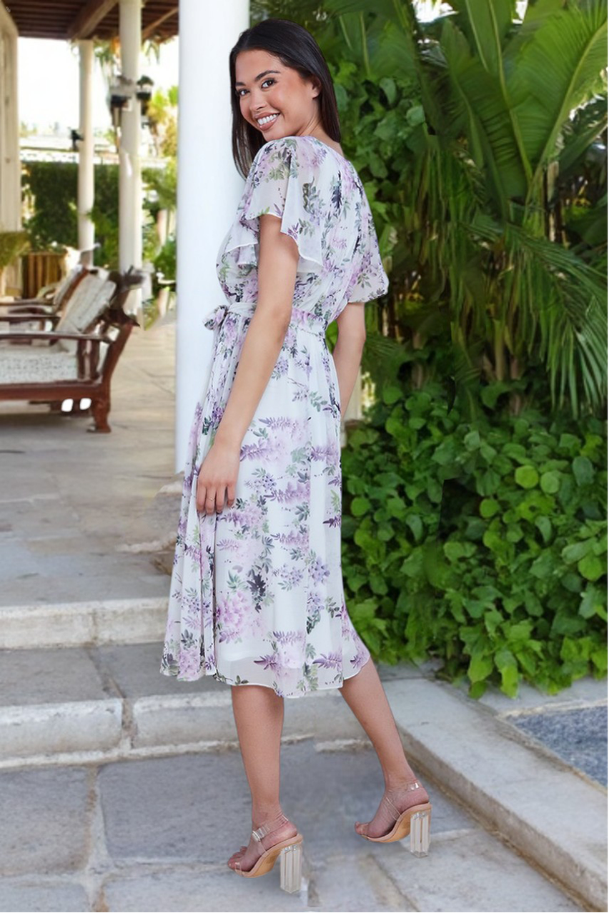 Floral Printed Flutter Sleeve Chiffon Midi Dress - Cream DR4515