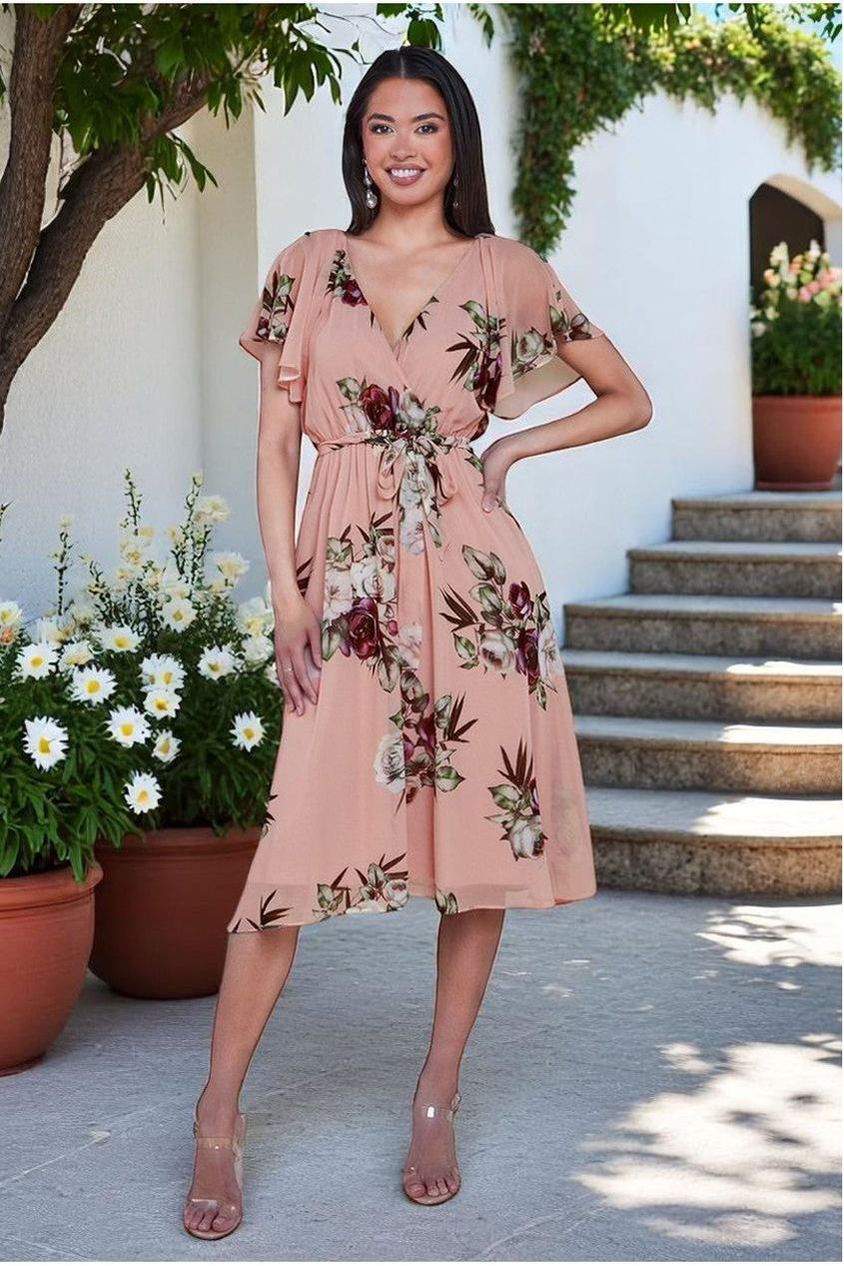 Floral Printed Flutter Sleeve Chiffon Midi Dress - Peach DR4515