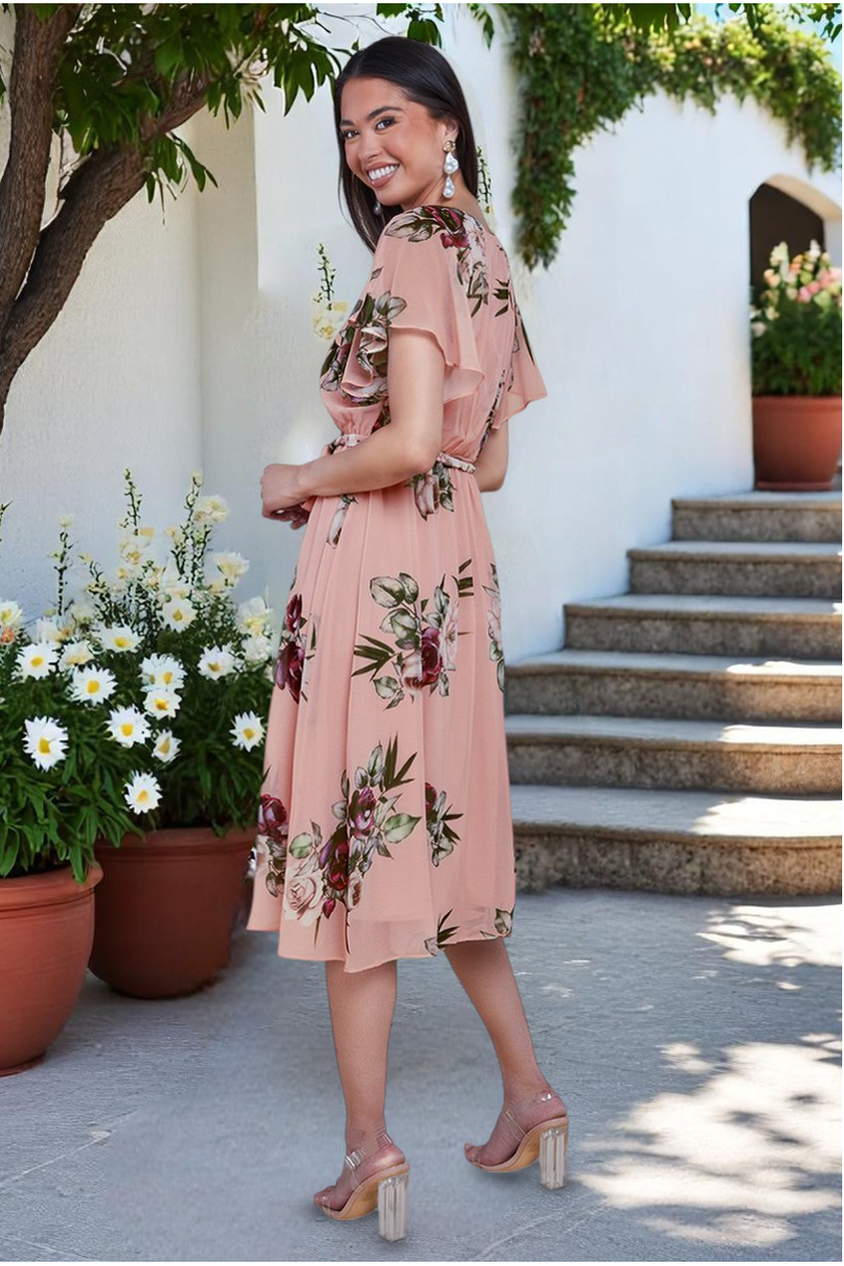 Floral Printed Flutter Sleeve Chiffon Midi Dress - Peach DR4515