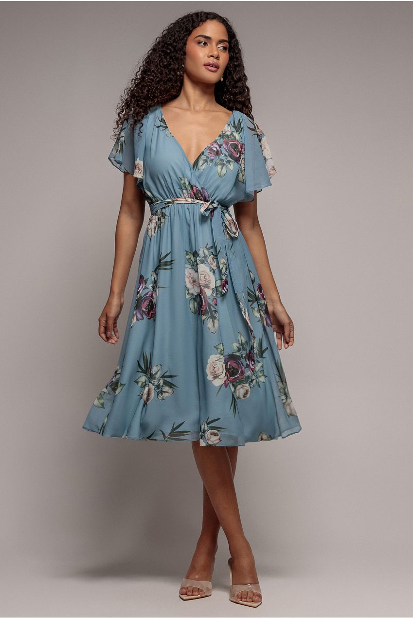 Floral Printed Flutter Sleeve Chiffon Midi Dress - Airforce Blue DR4515