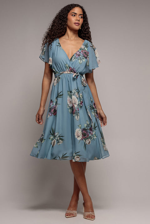 Floral Printed Flutter Sleeve Chiffon Midi Dress - Airforce Blue by Goddiva