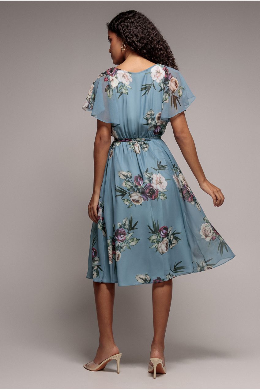 Floral Printed Flutter Sleeve Chiffon Midi Dress - Airforce Blue DR4515