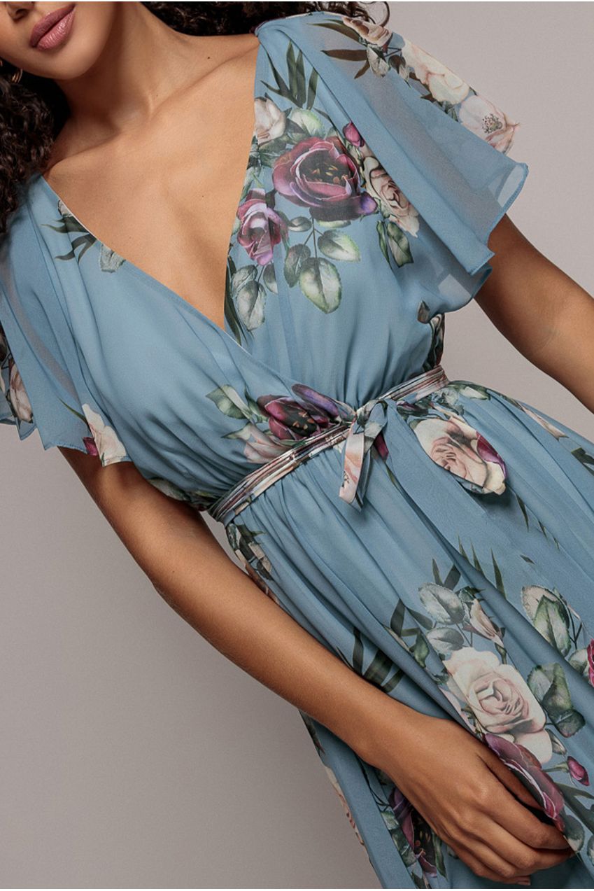 Floral Printed Flutter Sleeve Chiffon Midi Dress - Airforce Blue DR4515