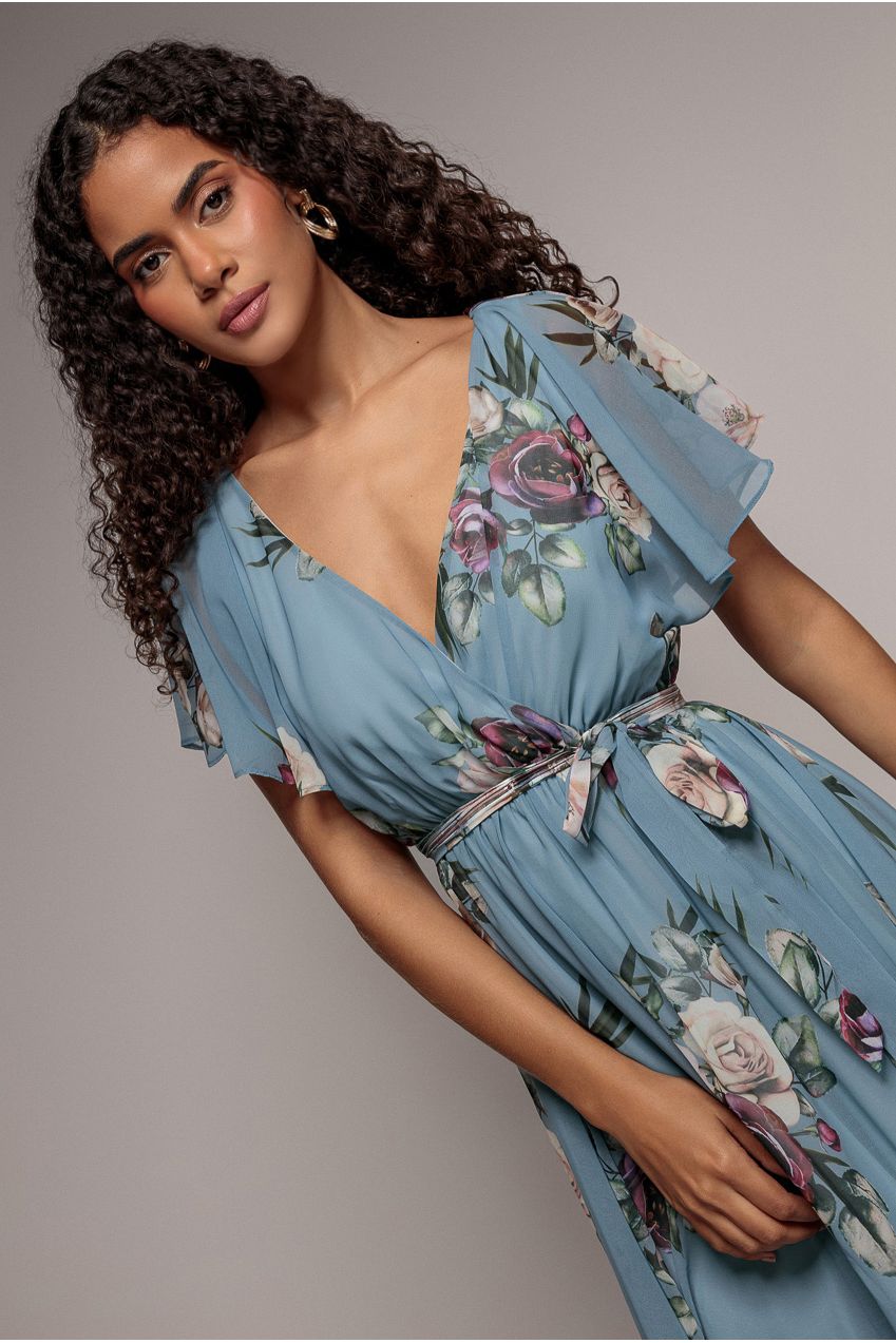 Floral Printed Flutter Sleeve Chiffon Midi Dress - Airforce Blue DR4515