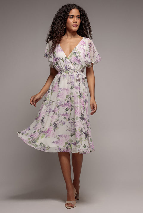 Floral Printed Flutter Sleeve Chiffon Midi Dress - Cream by Goddiva