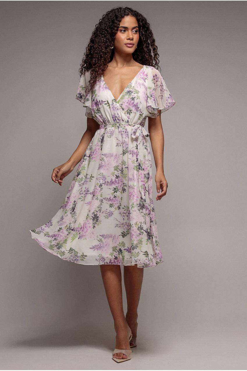 Floral Printed Flutter Sleeve Chiffon Midi Dress - Cream DR4515
