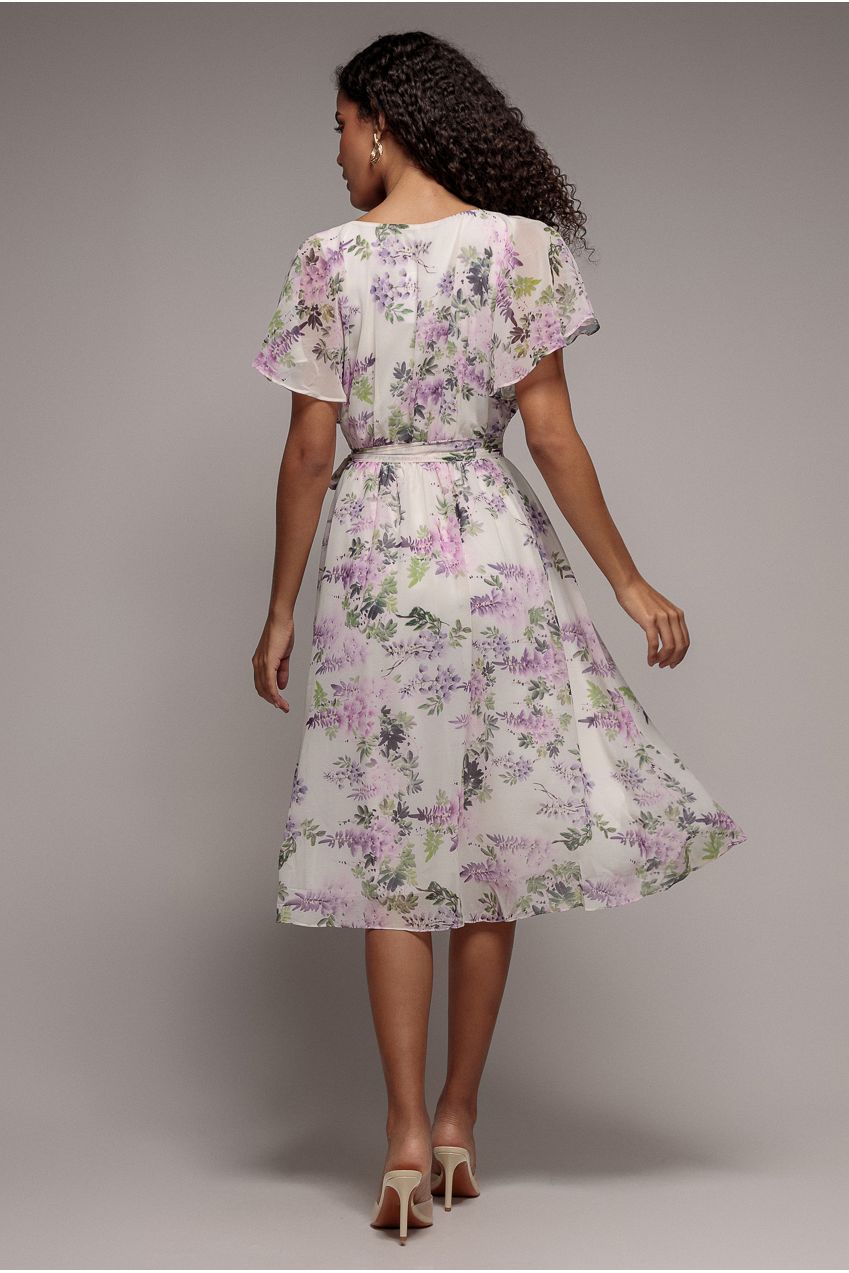 Floral Printed Flutter Sleeve Chiffon Midi Dress - Cream DR4515