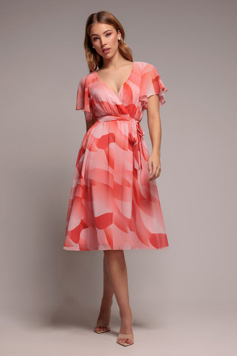 Printed Flutter Sleeve Chiffon Midi Dress - Coral by Goddiva