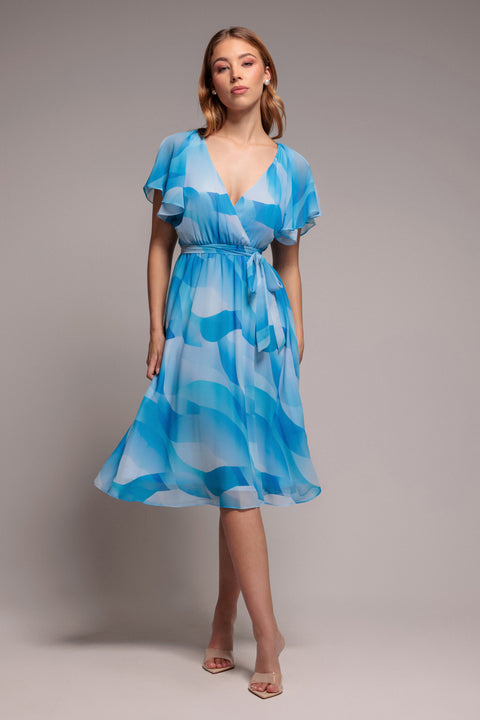Printed Flutter Sleeve Chiffon Midi Dress - Light Blue by Goddiva