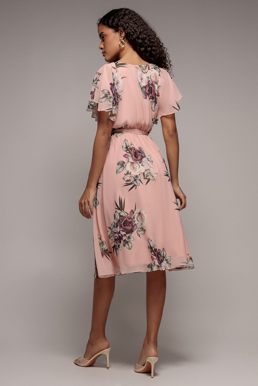 Floral Printed Flutter Sleeve Chiffon Midi Dress - Peach DR4515