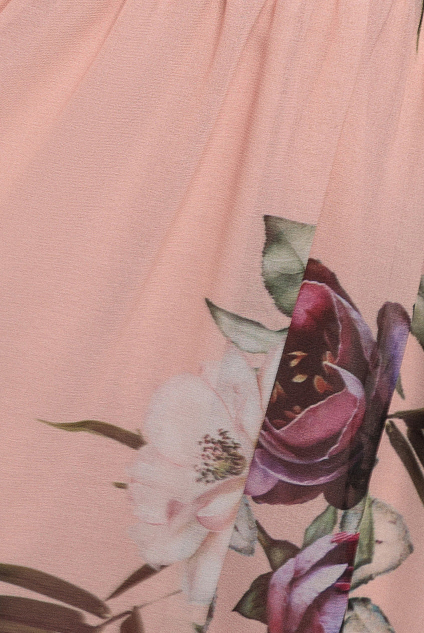 Floral Printed Flutter Sleeve Chiffon Midi Dress - Peach DR4515