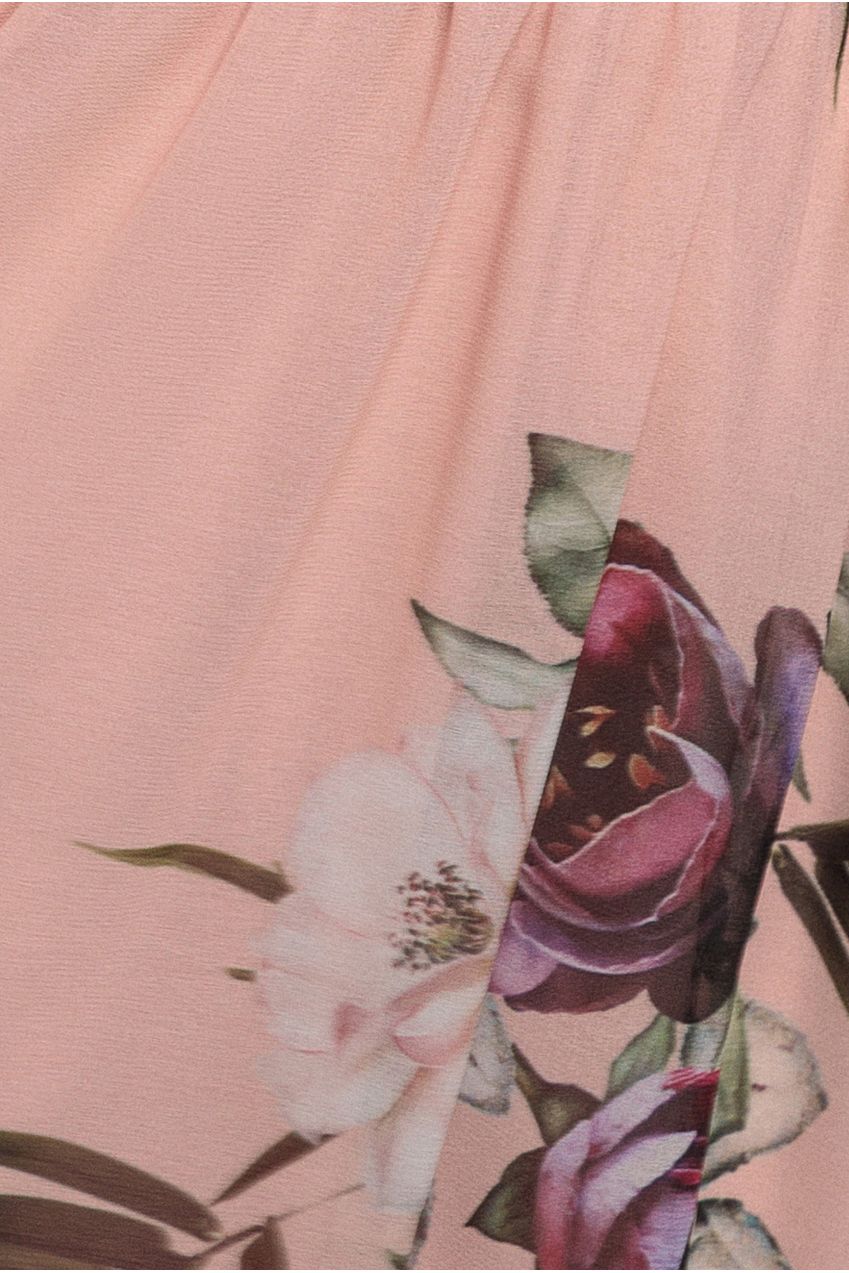 Floral Printed Flutter Sleeve Chiffon Midi Dress - Peach DR4515
