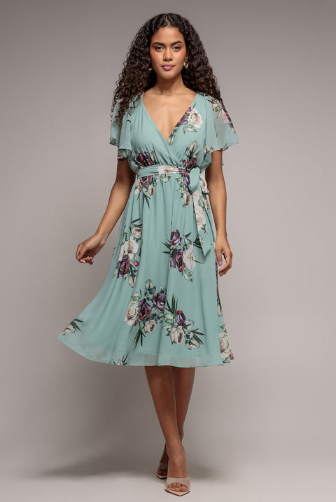 Floral Printed Flutter Sleeve Chiffon Midi Dress - Sage Green by Goddiva