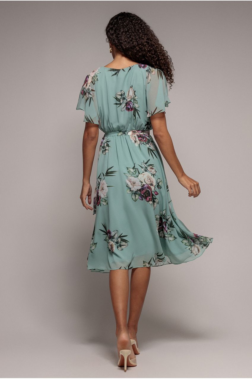 Floral Printed Flutter Sleeve Chiffon Midi Dress - Sage Green DR4515