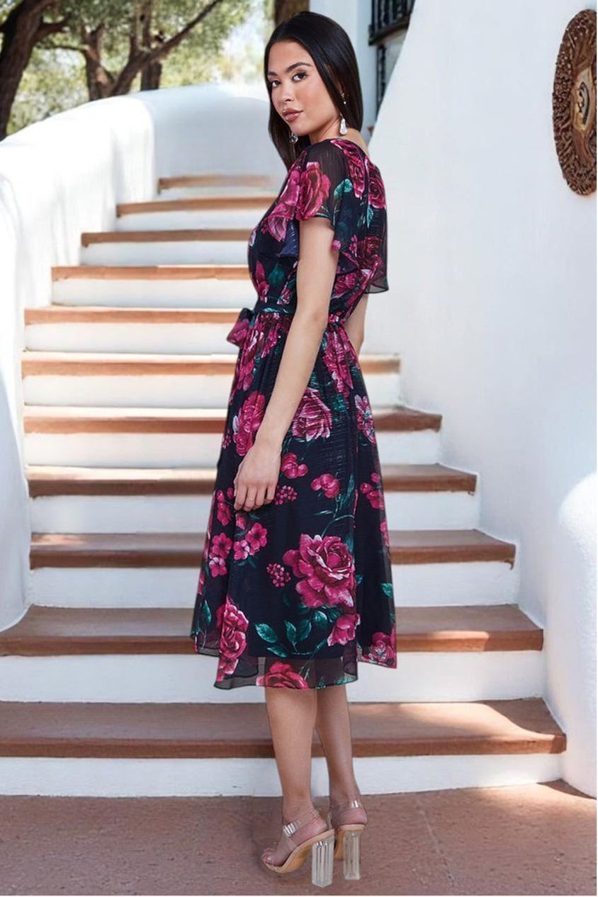 Printed Lurex A-Line Flutter Sleeve Midi Dress - Black DR4516