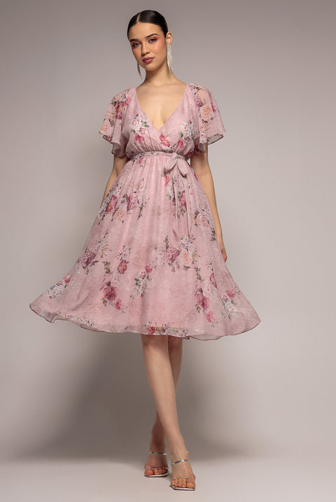 Printed Lurex A-Line Flutter Sleeve Midi Dress - Blush Pink by Goddiva