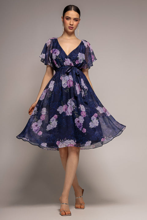 Printed Lurex A-Line Flutter Sleeve Midi Dress - Navy by Goddiva