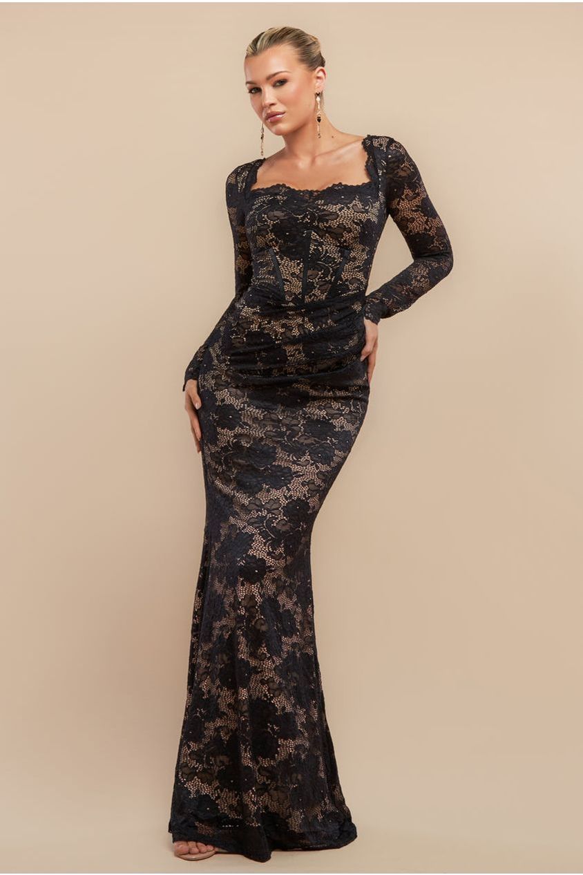Scalloped Lace Corset Bodice Maxi Dress - Black DR4519
