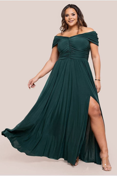 Gathered Bardot Bodice Front Split Maxi Dress - Emerald Green by Goddiva Plus
