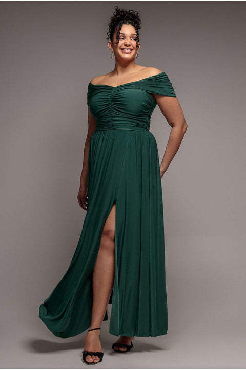Gathered Bardot Bodice Front Split Maxi Dress - Emerald Green by Goddiva Plus