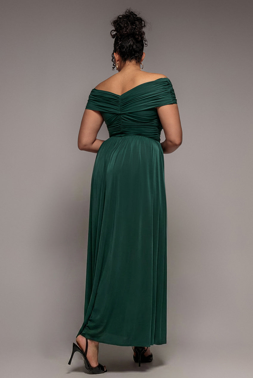 Gathered Bardot Bodice Front Split Maxi Dress - Emerald Green DR4524PLUS