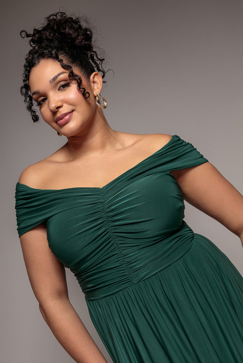 Gathered Bardot Bodice Front Split Maxi Dress - Emerald Green DR4524PLUS