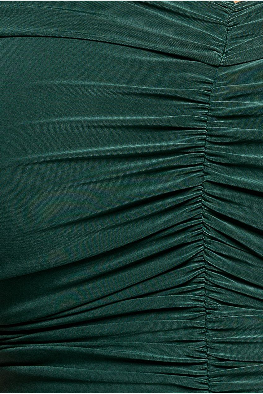 Gathered Bardot Bodice Front Split Maxi Dress - Emerald Green DR4524PLUS