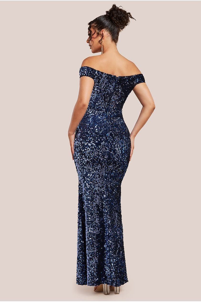 Sequin Velvet Bardot Evening Maxi Dress - Midnight Blue DR4525