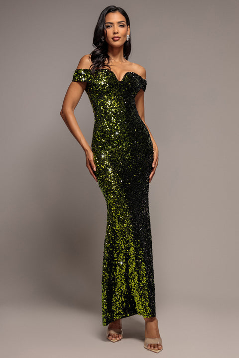 Sequin Velvet Bardot Evening Maxi Dress - Olive Green by Goddiva