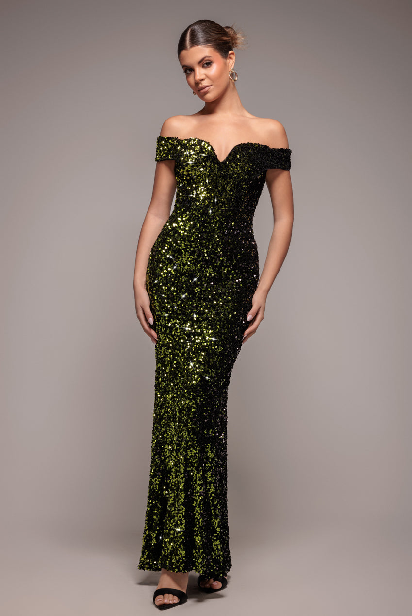 Sequin Velvet Bardot Evening Maxi Dress - Olive Green DR4525