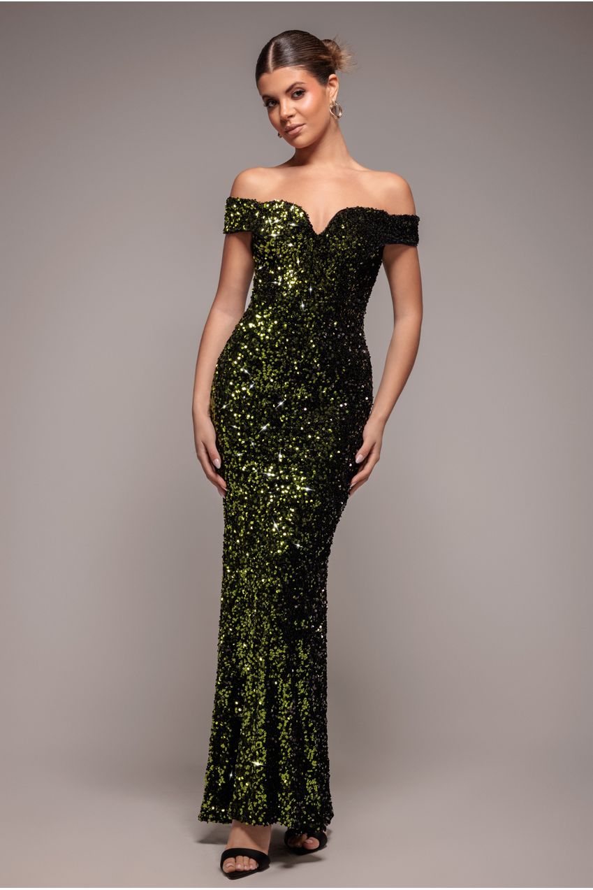 Sequin Velvet Bardot Evening Maxi Dress - Olive Green DR4525