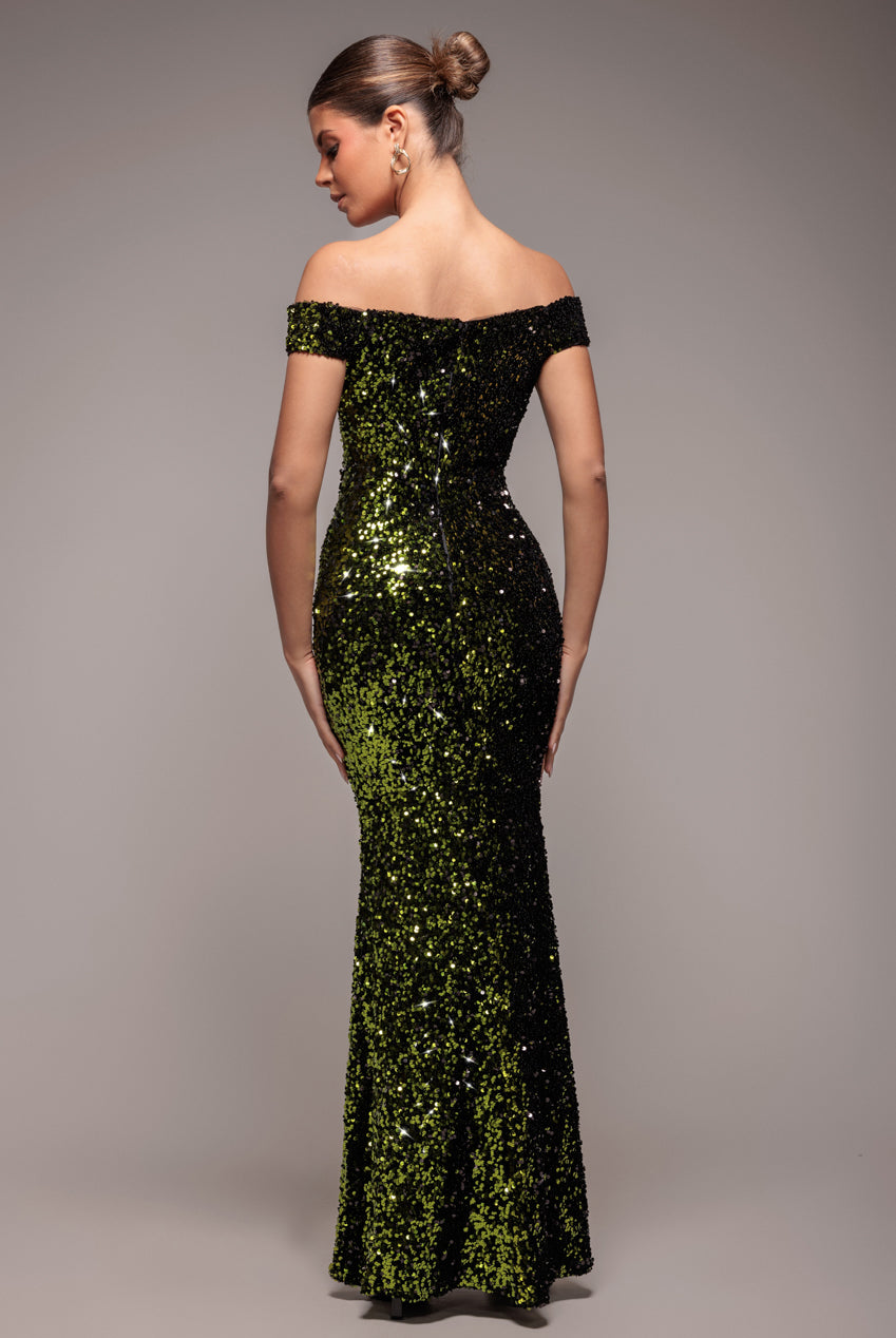 Sequin Velvet Bardot Evening Maxi Dress - Olive Green DR4525