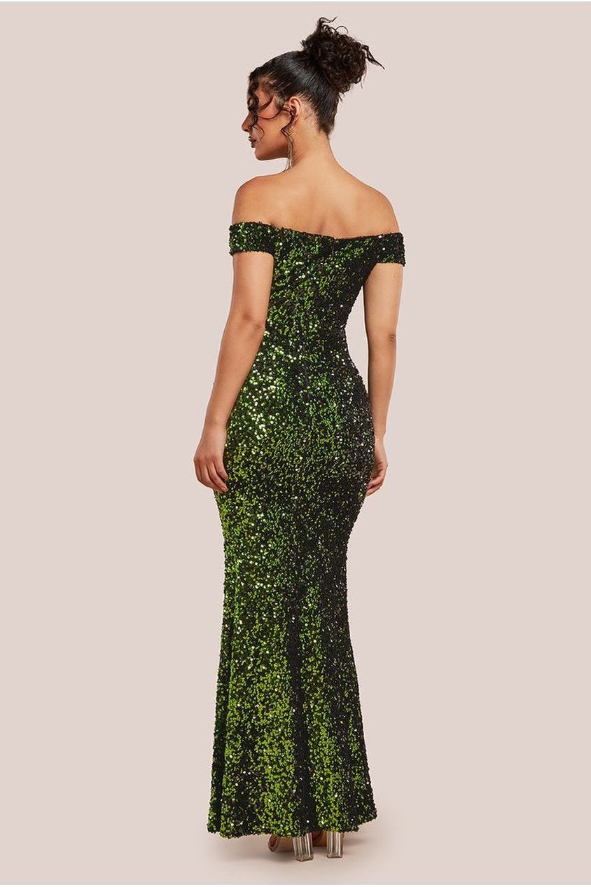 Sequin Velvet Bardot Evening Maxi Dress - Olive Green DR4525