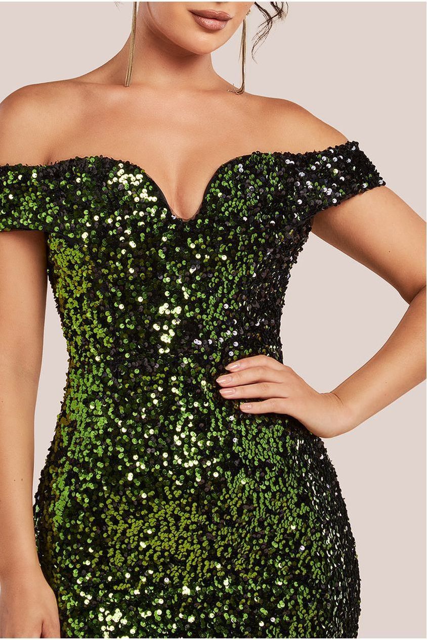 Sequin Velvet Bardot Evening Maxi Dress - Olive Green DR4525