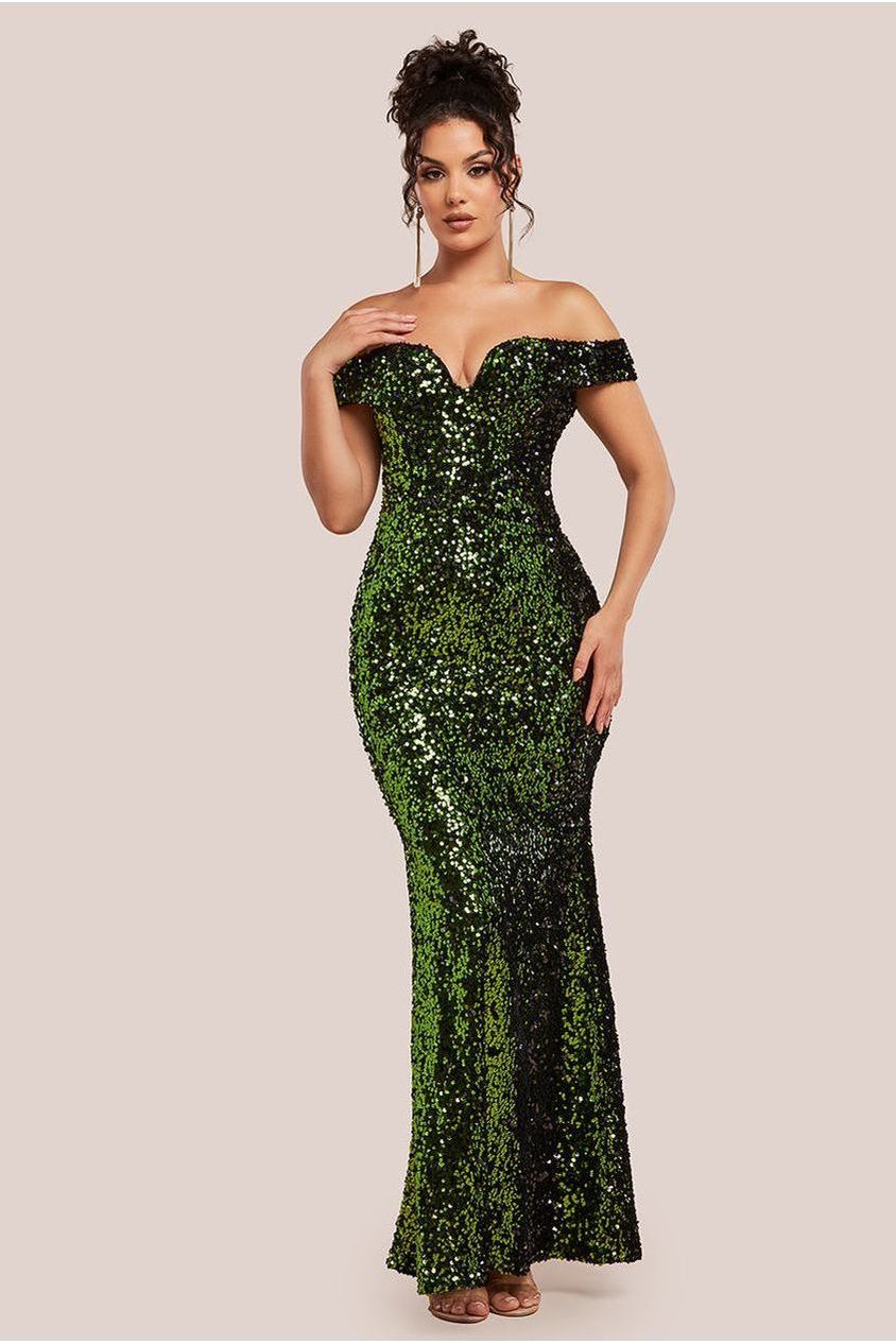 Sequin Velvet Bardot Evening Maxi Dress - Olive Green DR4525