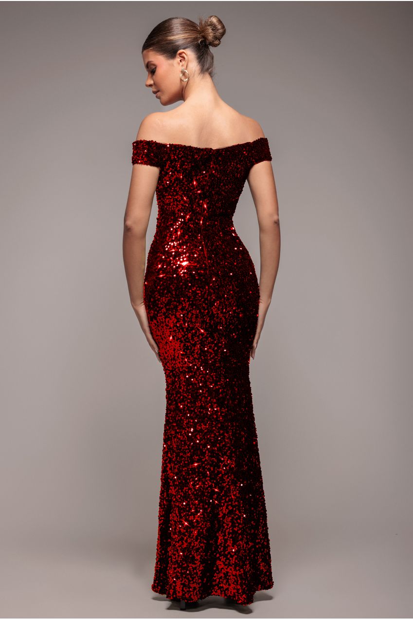 Sequin Velvet Bardot Evening Maxi Dress - Red DR4525