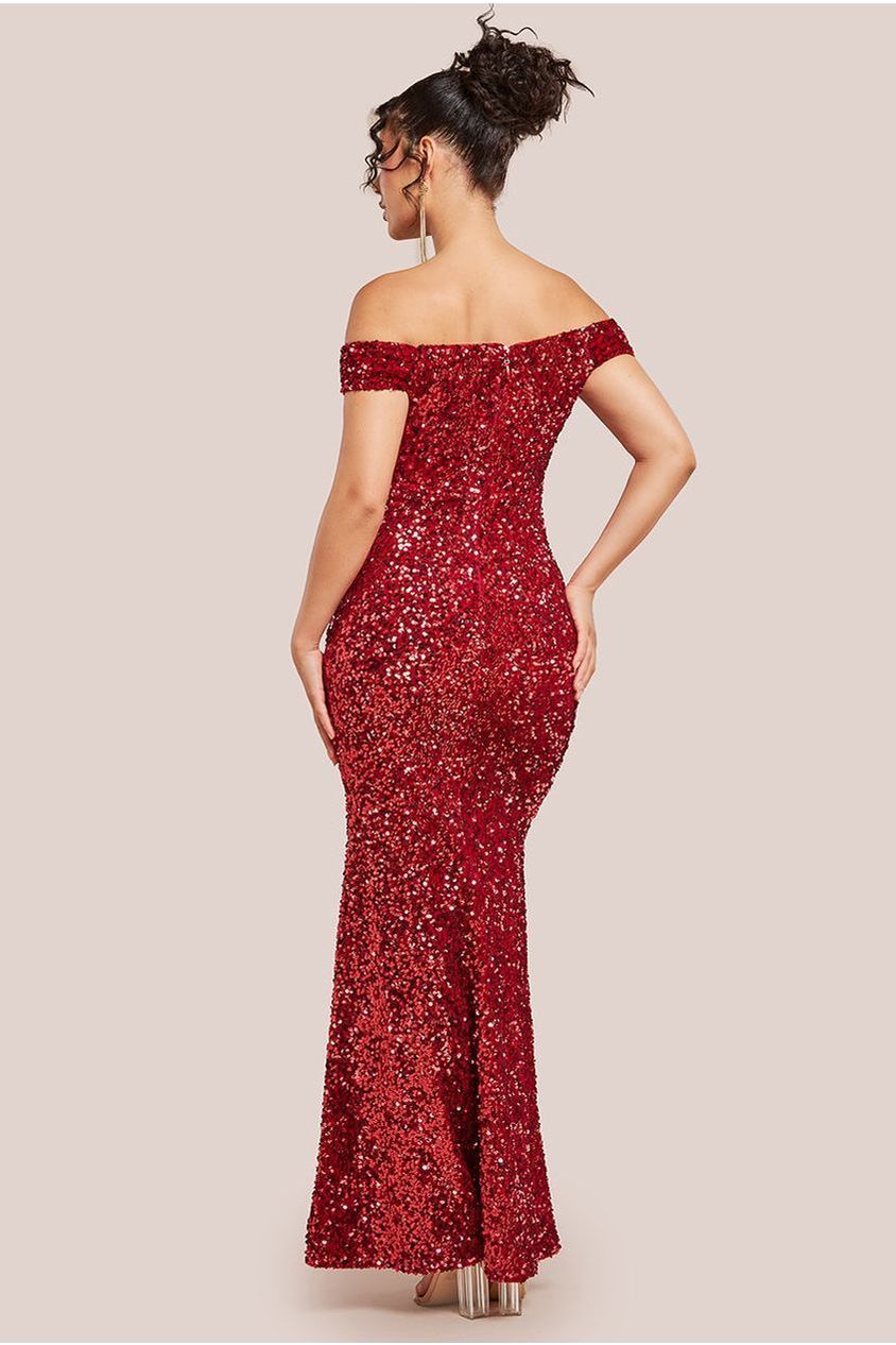 Sequin Velvet Bardot Evening Maxi Dress - Red DR4525