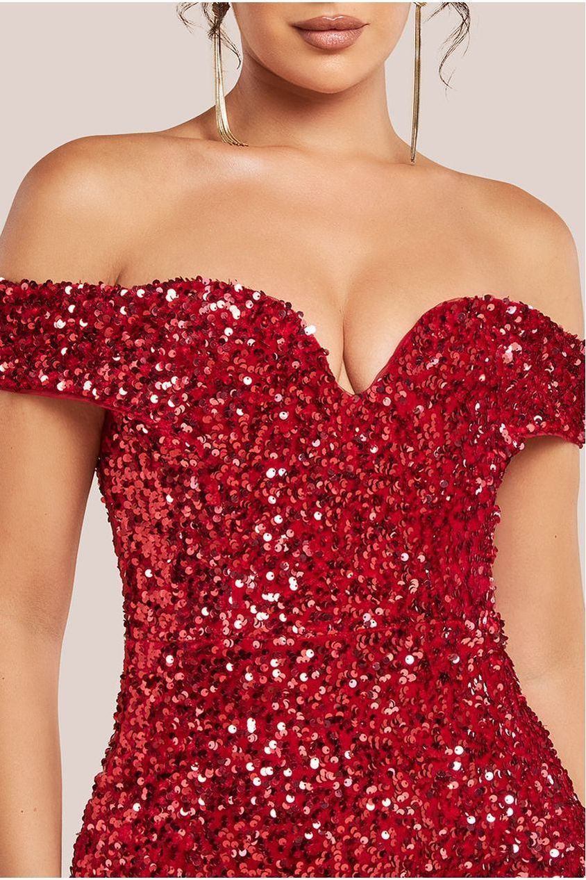 Sequin Velvet Bardot Evening Maxi Dress - Red DR4525