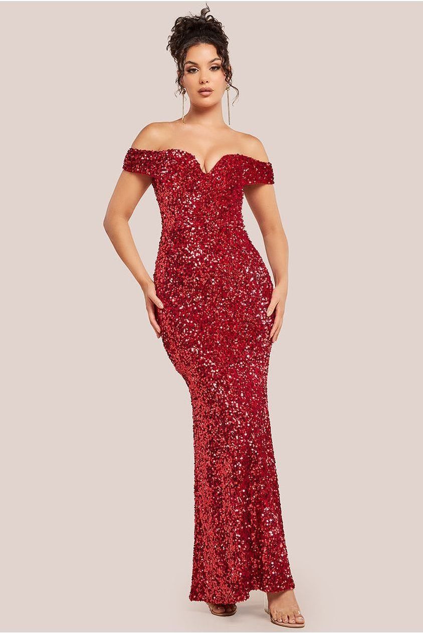 Sequin Velvet Bardot Evening Maxi Dress - Red DR4525