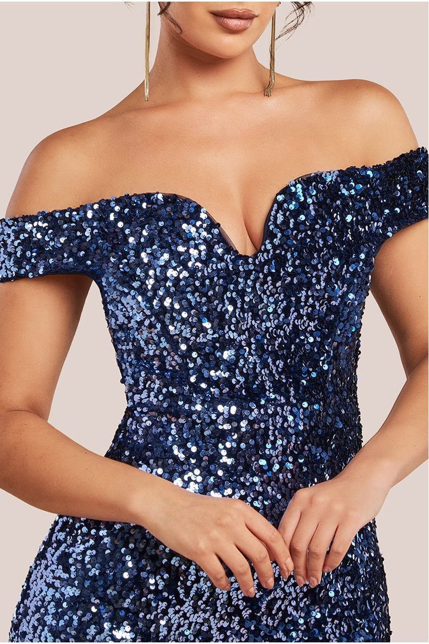 Sequin Velvet Bardot Evening Maxi Dress - Midnight Blue DR4525