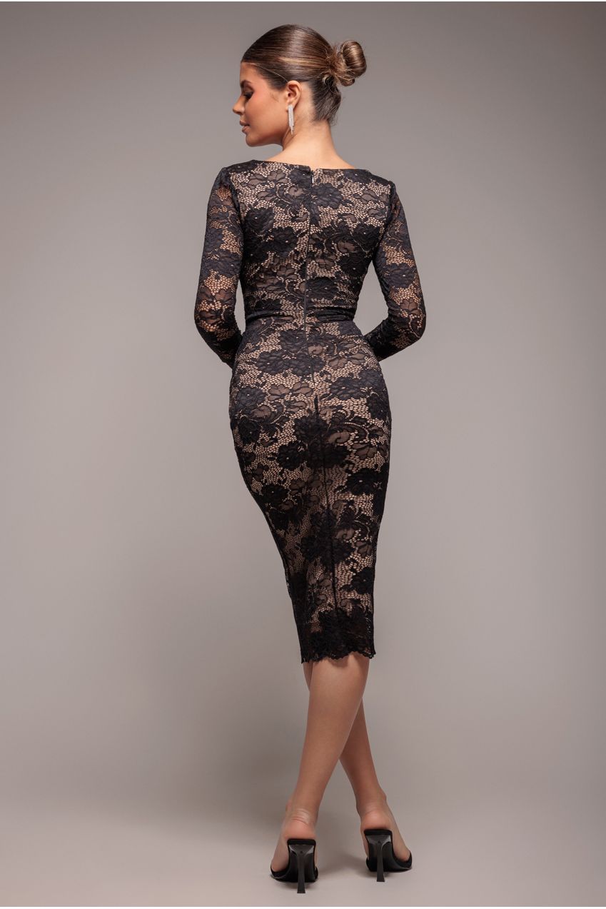 Scalloped Lace Corset Bodice Midi Dress - Black DR4526