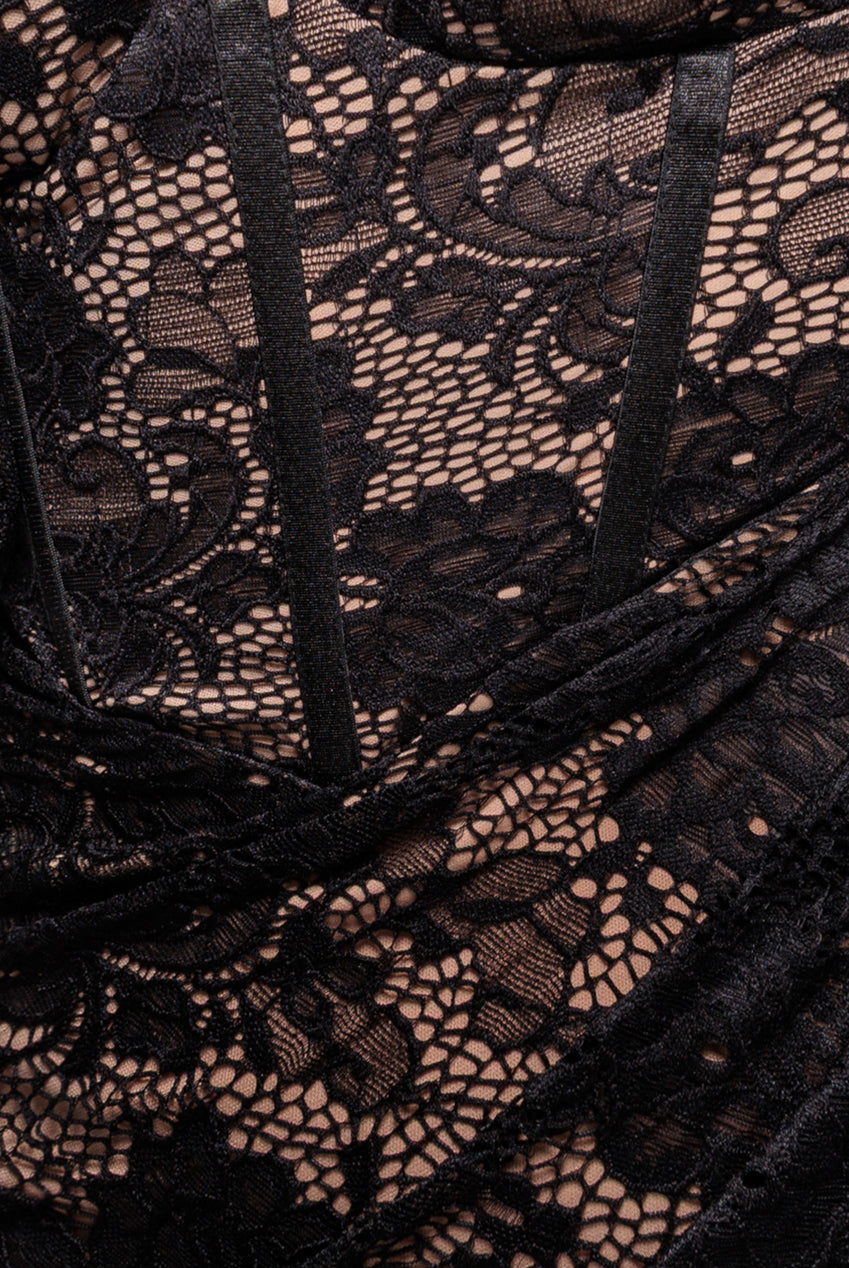 Scalloped Lace Corset Bodice Midi Dress - Black DR4526