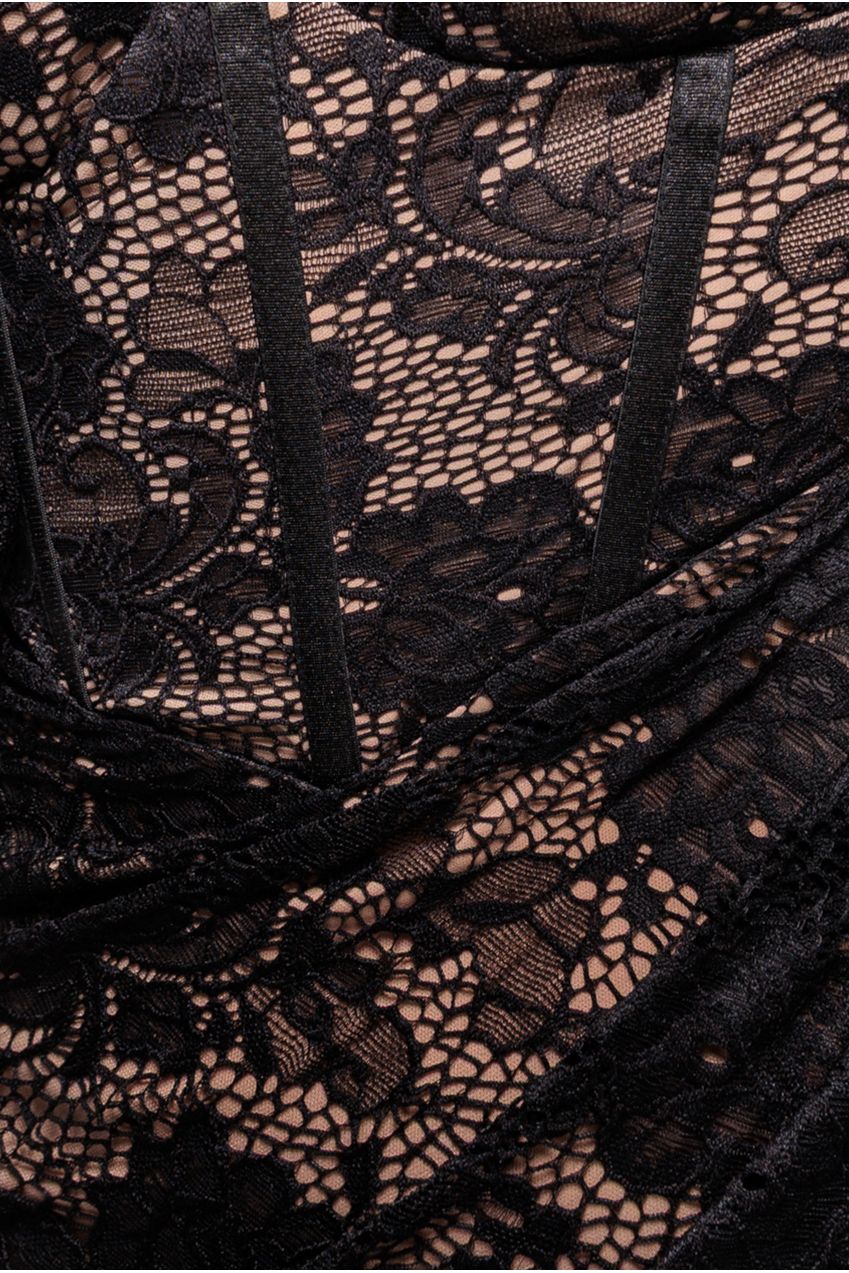 Scalloped Lace Corset Bodice Midi Dress - Black DR4526