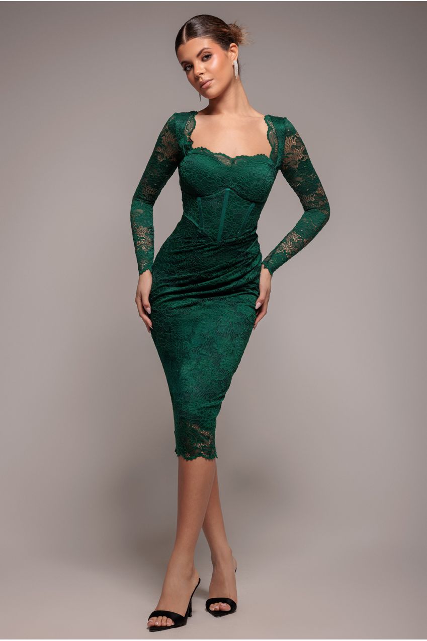 Scalloped Lace Corset Bodice Midi Dress - Emerald Green DR4526