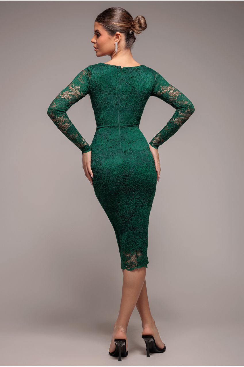 Scalloped Lace Corset Bodice Midi Dress - Emerald Green DR4526