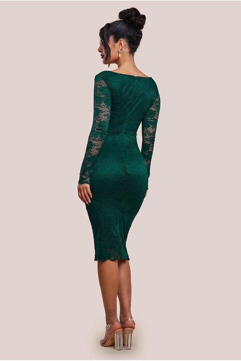 Scalloped Lace Corset Bodice Midi Dress - Emerald Green DR4526