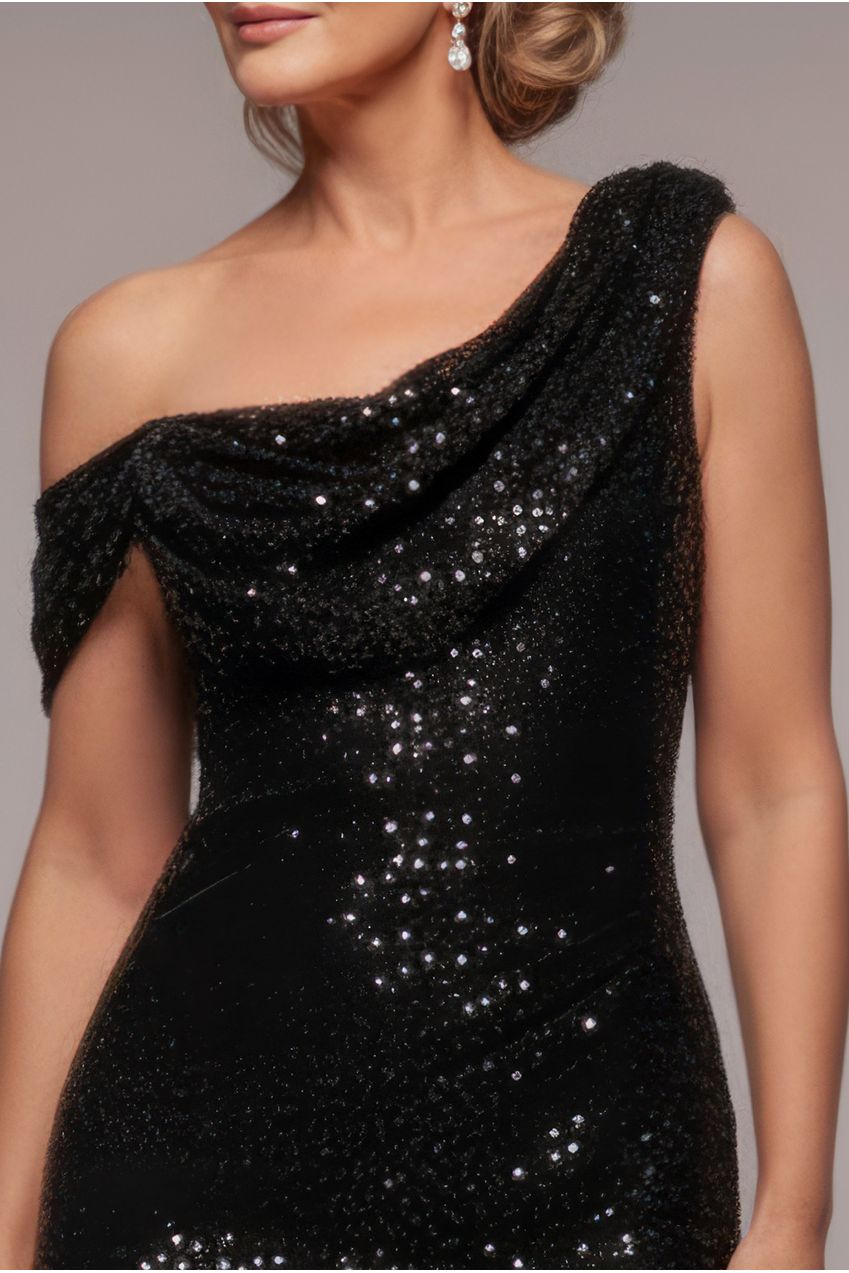 Sequin Cowl One Shoulder Midi Dress - Black DR4529M
