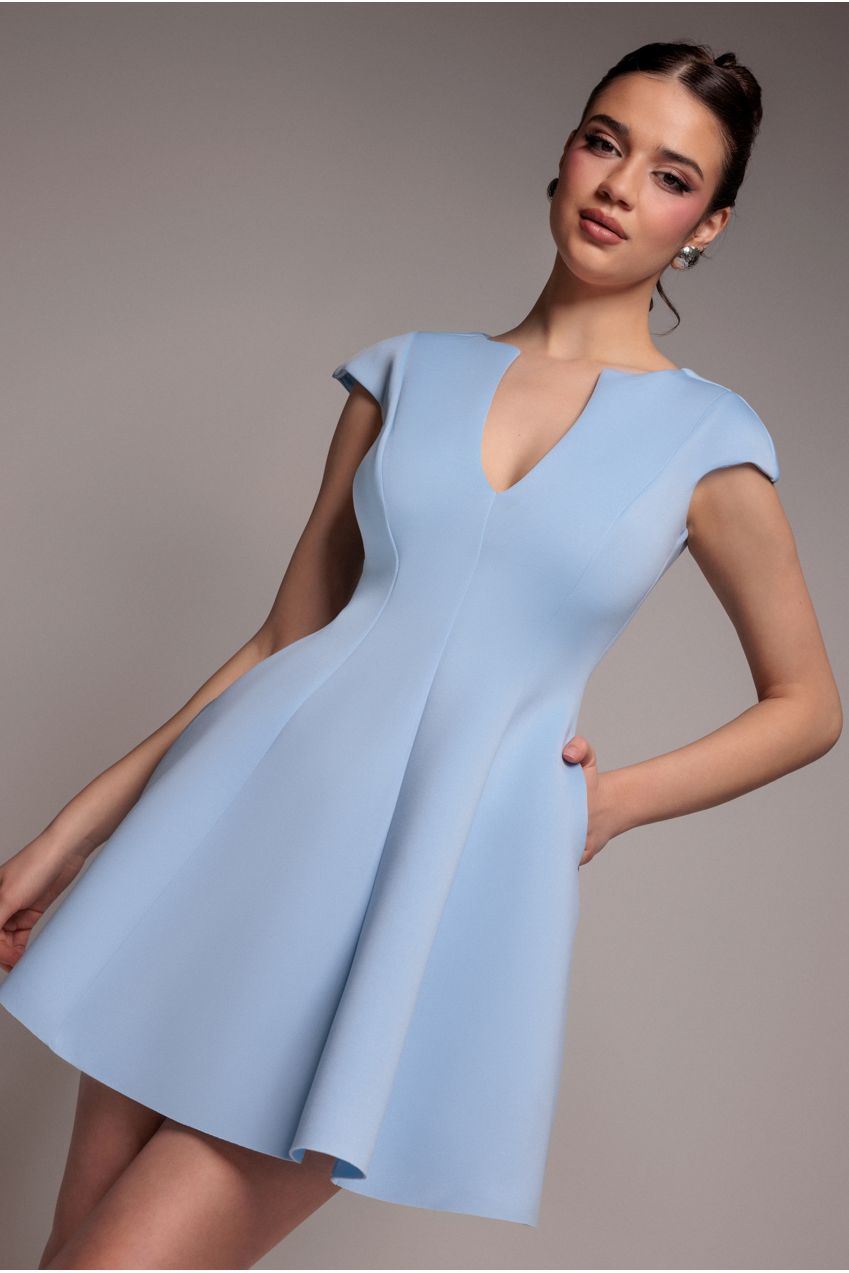 Cap Sleeve Plunging V-Neckline Skater Mini Dress - Light Blue DR4539